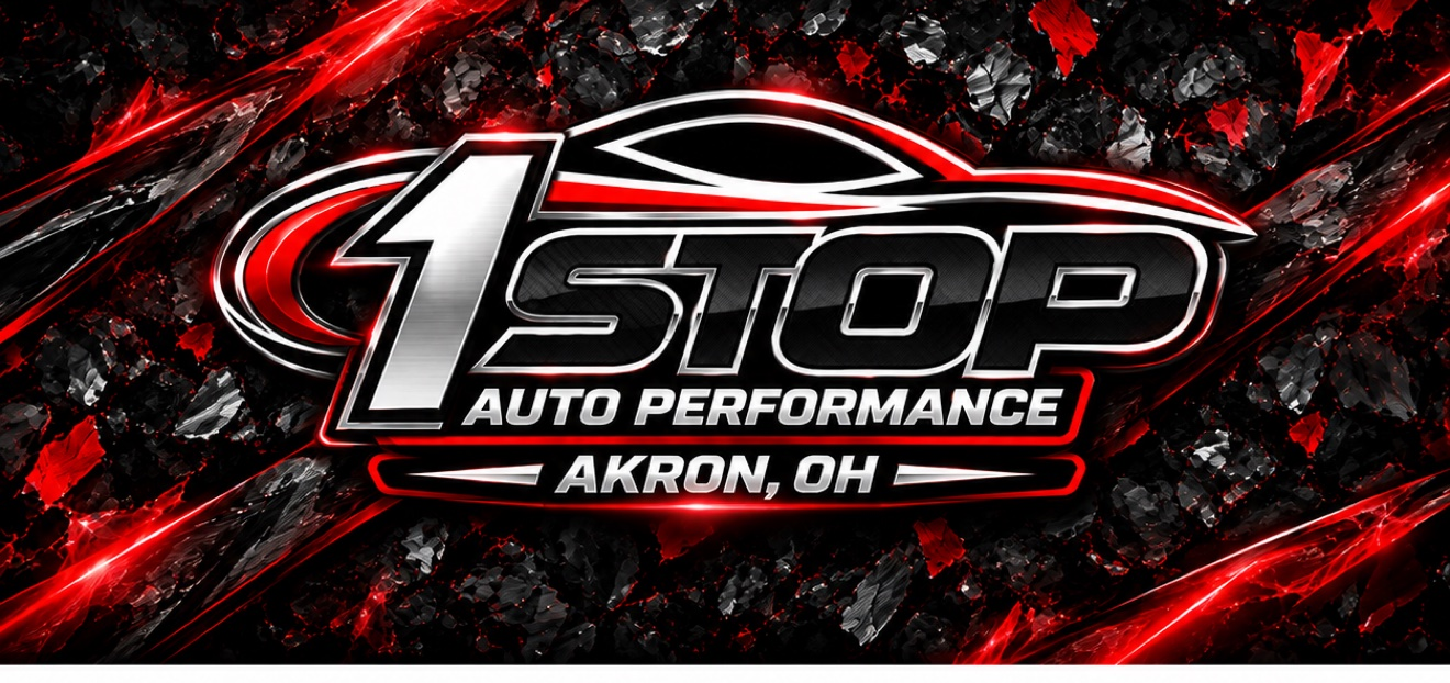 Official 1Stop Auto Performance logo — Akron, OH — chrome lettering over red-flecked forged carbon